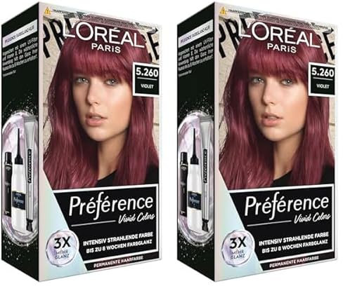 L'Oréal Paris Intensive dauerhafte Haarfarbe, Bis zu 8 Wochen glänzendes Haar und intensive Farbe, Préférence Vivid Colors, Farbe: 5.26 VIOLET, 1 Stück (Packung mit 2)
