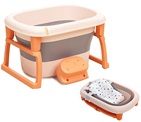 FOXSPORT Bañera plegable para bebé, bañera grande con cojín de baño, asiento de baño, conector de cabezal de ducha, ergonómico, ahorra espacio, portátil para bebés de 0 a 36 meses (naranja)