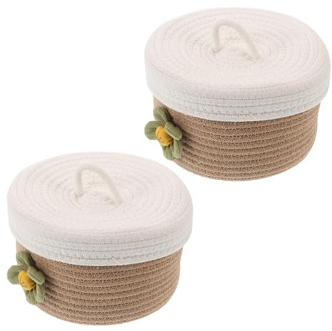 HEALLILY 2 cestas de almacenamiento de cuerda de algodón con tapa, organizador decorativo redondo para ropa, objetos pequeños, diseño tejido hecho a mano para sala de estar, baño, dormitorio