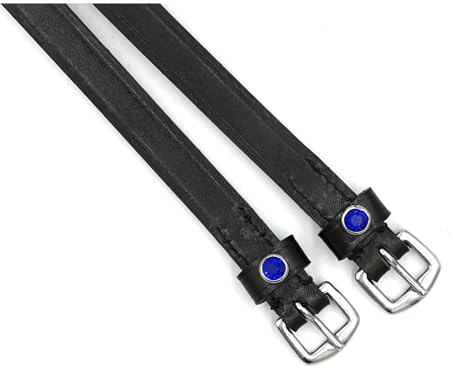 Equine Smile ES4010 sporremmar med strass, kristall av läder för sporer, ersättningsremmar, tillbehör, hästsporremmar, ridsporremmar, fixering av ridsporer (svart läder/blå strasstenar)