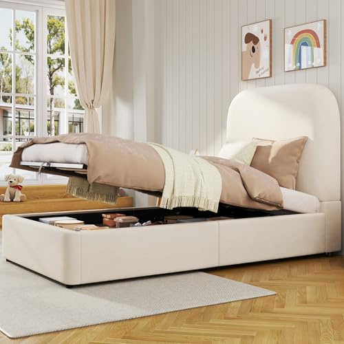 KOMHTOM Lit Coffre Rembourré avec Tête de lit, Lit Simple en Velours avec Rangement sous Le lit, Sommier à Lattes(sans Matelas) (A-Beige, 90x200 CM)