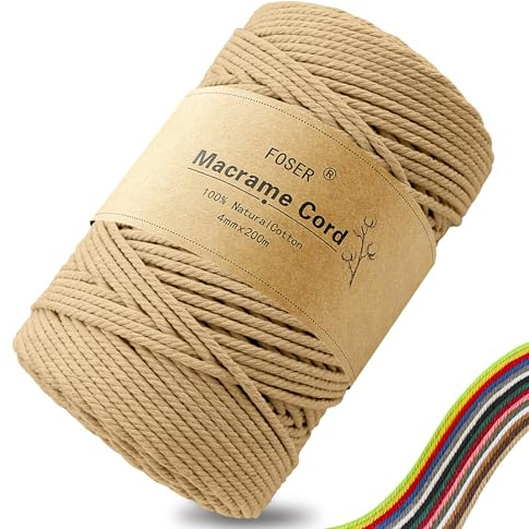 FOSER Premium Makramee Garn 4 mm × 200 m, Naturligt Makramee-snöre Makramee-snör för hantverk, väggdekoration (Lättbrun)