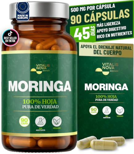 Moringa Oleifera Pura 1000 mg 90 Capsulas Veganas Bote de Cristal Ambar