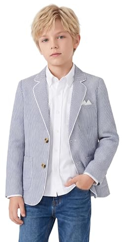 LOLANTA Blazer en Seersucker Respirant pour Enfants, Veste de Costume rayée élégante pour garçons, pour Occasions décontractées d’été, Bleu Marine, 12-13 Ans, 160