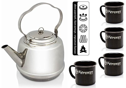 Petromax Teekessel Wasserkessel Teekanne Edelstahl+ 4 Becher Emaille schwarz