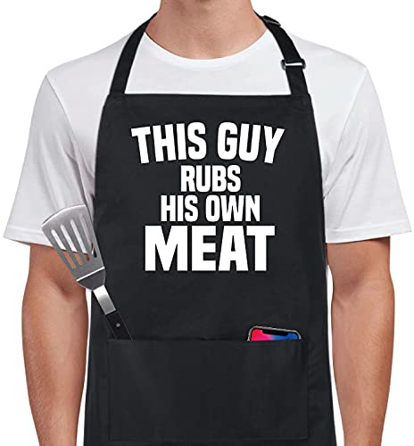 Xornis 100% Cotton Funny Aprons This Guy Rubs His Own Meat with 2 Pockets BBQ Grilling Adjustable Bib Aprons Gifts for Men Dad Friends Father's Day Barbecue Birthday