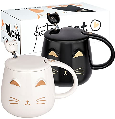 DONGSHANGIFT 2 Pack Cute Cat Mugs Cat Coffee Mug Set with lid and Lovely Kitty Spoon Novelty Morning Tea Milk Mug Set for Cat Lovers Girls Women Christmas Birthday Gift 14.25oz/405ml(Black and White)