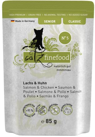 catz finefood Senior N°05 Nourriture Humide pour Chat au Saumon et au Poulet – Nourriture Humide de qualité supérieure pour Votre Chat Senior – sans céréales, sans Sucre, Haute teneur en Viande,