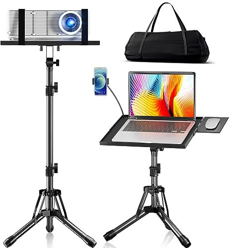 KOOV Projector Stand Adjustable Height 20 to 61, Foldable Projector Tripod Stand with Mouse Tray & Phone Holder, Portable Laptop Floor Stand for Office Home Stage Studio DJ Racks Podium Stand