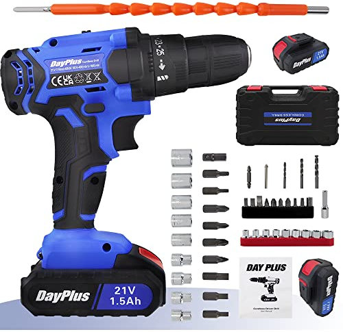 Taladro con batería con 2 baterías, atornillador de impacto inalámbrico con 26 accesorios para casa y jardín, proyecto de bricolaje, par de 420 Nm, para taladrar madera y metal