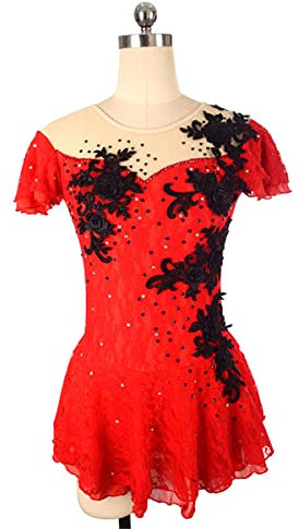 YDHTIZ Wintersport Eiskunstlauf Kleid Rot Kurzarm Damen Schlittschuh Tanz Strass Kostüm Ballerina Outfits Wettbewerb Training Athletic Weibliche