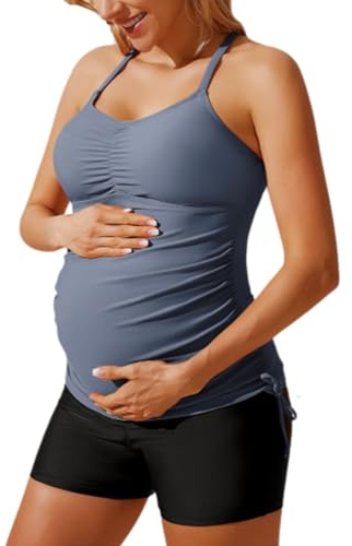 Maacie Women's Maternity Modest Swimsuit Pregnancy Tankini Swimsuits 2 Pieces Blue Grey L