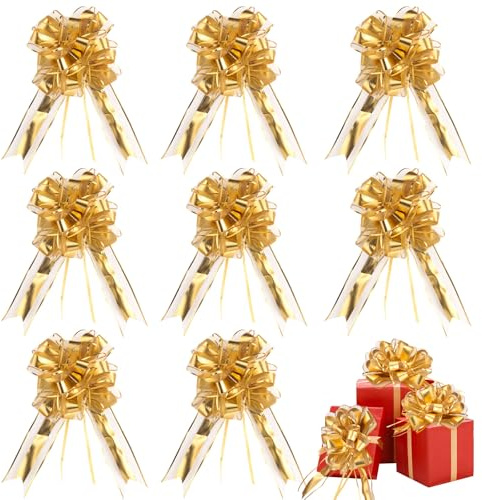 Kigift 8 fiocchi grandi da tirare, 7,8 x 39,6 cm, color oro, per regali, decorazioni per matrimoni in auto, per cesti, scatole per bouquet, floristica, compleanno, San Valentino, matrimonio
