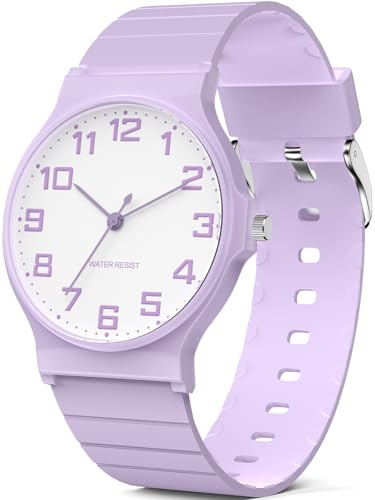 SOCICO Orologio analogico per bambini, orologio sportivo resistente all'acqua da 30 metri per 5-15 anni, orologio per bambini facile da leggere (Viola-bianco)