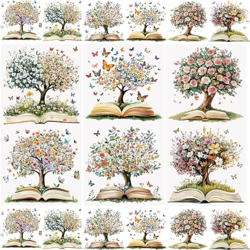 WANDIC 3 ark möbelöverföringsklistermärken, gnidöverföringsklistermärken, Scrapbooking, dekoration, böcker, träd, fjärilar, för fotoalbum, koppar, vaser, 15 x 30 cm