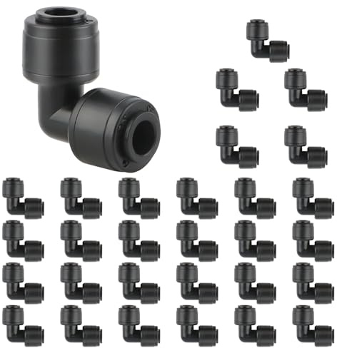 Kalolary 30 PCS Conectores de Codo 90° de Conexión Rápida 1/4, Racores Push-Fit para Tubo de Riego de 1/4 Pulgada, Conectores Estancos para Sistemas de Riego por Goteo y Aspersión