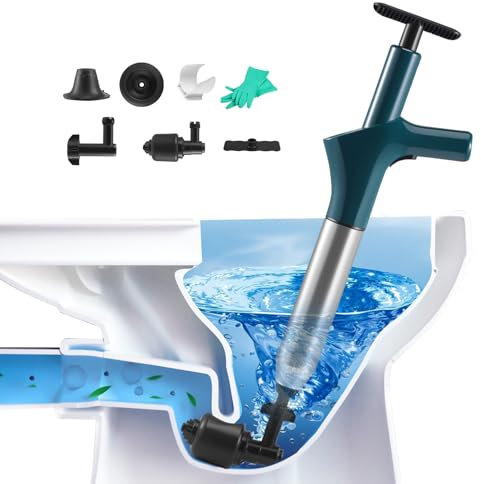 Deboucheur WC, Deboucheur Canalisation Haute Pression Débouche Toilette Air Comprimé avec 4 Différentes Ventouses Piston de Toilette pour Déboucher les Toilettes Baignoire Drain de sol Lavabo (Bleu)