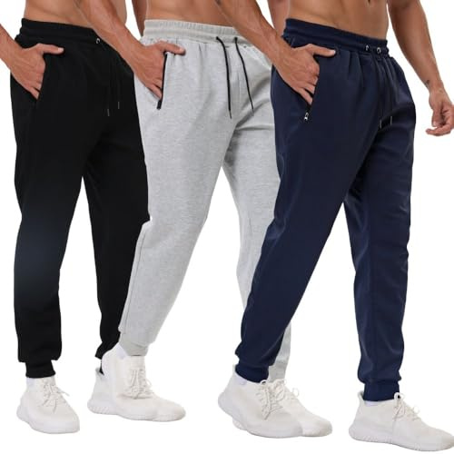 Bsrpolry Pantalones deportivos para hombre con bolsillos con cremallera, pantalones de chándal para hombre, paquete de 3 pantalones para correr y hacer jogging, 3XL