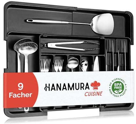Hanamura Besteckeinsatz für Schubladen – Ausziehbarer Besteckkasten mit 5 bis 8 Fächern – Schubladen Organizer Küche mit Messerhalter und Antirutsch-Füßen – Schwarz