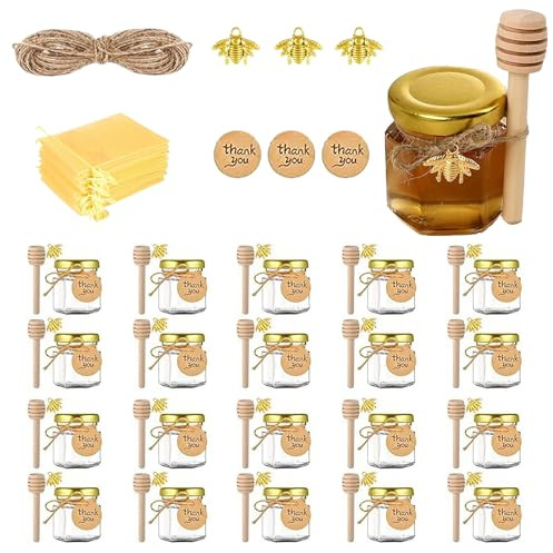 ZhouZGlass 20 Pack Mini Honey Jars, 1.5 oz Small Hexagon Glass Honey Jar with Wood Dipper, Gold Lid, Bee Pendants, Tags, Jute Twine, Gift Bags