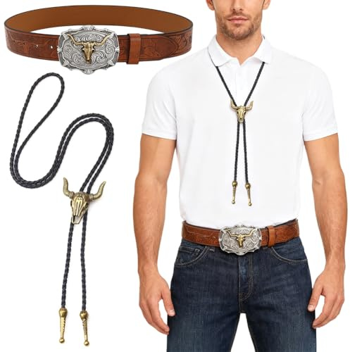 JhavexToy Western läderbälte med cowboyspänne för män och kvinnor, brons cowboy läderslipsar, västerländsk cowboy-stil, halloweendekoration och julklapp