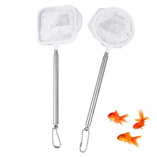 xiluuyou 2 Pcs Aquarium Fishing Net, Small Pond Net for Cleaning, Stainless Telescopic 21-49cm Long Handle Nylon Aquarium Fish Net (Square and Round)