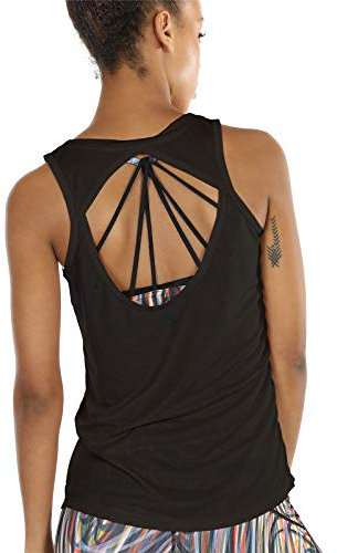 icyzone Damen Yoga Sport Top Rückenfrei Fitness Shirt Ärmellos Leichte Training Tank Tops (L, Black)
