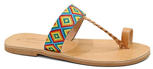 37 Mehrfarbig Emmanuela Griechische Zehenring Sandalen aus Baumwolle hochwertige handgefertigte Sommerschuhen für Damen, Boho Chic flach Slide Sandalen, Hippie und Tribal Sandalen