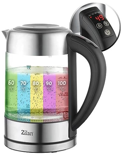 Zilan, Bouilloire en verre LED, différentes couleurs, écran numérique, 1,7lt, 5 réglages différents, Bouilloire sans fil avec corps en verre à haut borosilicate à 360°, 2200W