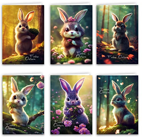 Klasse Osterkarten mit Umschlag, 12er-Set, aufklappbare Frohe Ostern-Grußkarten im A6-Format, Klappkarten mit niedlichem Hasen, modernes Frohe Ostern-Kartenset, Umschlag, hochwertig, geschäftlich bema