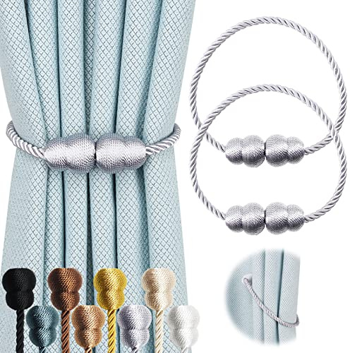 Hangtty Magnetic Curtain Tiebacks 2 Pack Rope Decorative Curtain Tie Backs Elegant Curtain Holders for Drapes Outdoor Window Treatment Holdbacks, Grey