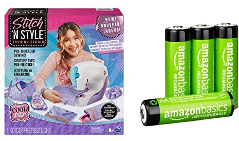 Cool MAKER Stich n Style Fashion Studio - Einfach Nähen ohne einfädeln, Nähmaschine mit 6 Projekten für Kinder ab 8 Jahren & Amazon Basics AA-Batterien, wiederaufladbar, 2000 mAh, vorgeladen, 4 Stück