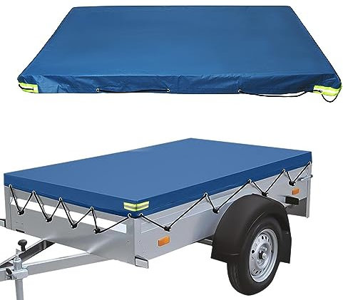 Anhängerplane Flachplane 207x114x10cm, Anhänger Abdeckplane, 420D Oxford-Stoff Wasserdicht Anhängerabdeckung mit Planenseil, Reflexstreifen, Ösen für 750kg Anhänger (Blau)