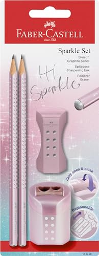 Faber-Castell 118298 - Set di matite Sparkle, con temperino, gomma e 2 matite, colore: rosa metallizzato