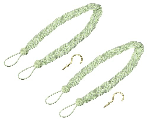QUARKZMAN 2Pezzi Fermatenda per Tende, 58cm/23 Fermatenda per Drappeggio Intrecciato, Corda Decorativa con 2 Ganci Metallici, Verde/Argento