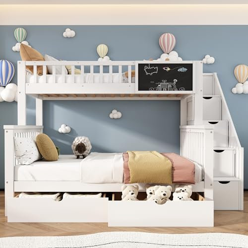 Etagenbett für 3 Kinder, Kinderbett mit 2 Unterbett Schubladen und 4 Speicherung Treppe, 90x200cm +140x200cm Funktionsbett Stockbett Hochbett Jugendhochbett mit Tafel und Rausfallschutz, Weiß