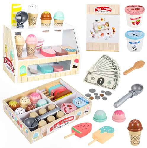 Wooden Ice Cream Toys Set for Kids, Ice Cream Counter Shop Playset Toddler Pretend Play Kitchen Food Accessories, Ice Cream Shop Pretend Food Toys for 3 4 5 6 Year Old Girls & Boys