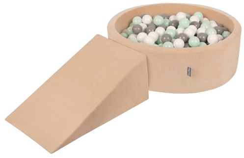 KiddyMoon Area di Gioco in Schiuma con Tondo Piscina di Palline per Bambini Piscina (200 Palline) + Cuneo, Beige Sabbia: Bianco/Grigio/Menta