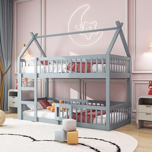 Merax Lit Superposé 90 x 200 cm, Multifonctionnel Lit Superposé Enfant Cabane avec Escaliers, Cadre en Bois Massif, Gris (sans Matelas)