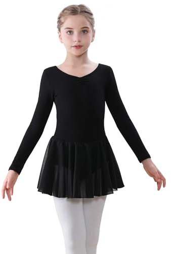 FONLAM Robe de Ballet Danse pour Fille Coton Justaucorps Danse Ballet Manche Longue Tutu Ballet Enfant (8-9 ans, Noir)