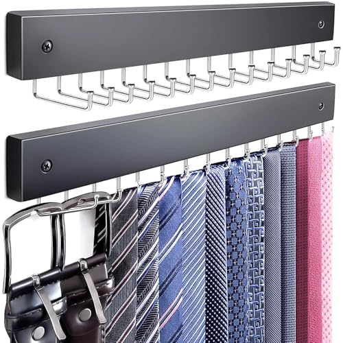 KEOAMG 2-Pack Tie Rack Wall Mounted, Wooden Belt Hanger Tie Organizer for Closet with 28 Folding Hooks, Space Saving Tie Holder and Belt Rack for Closet Wall Mount, Black