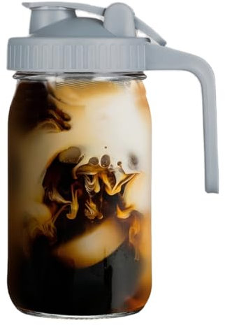 Pichet en verre avec couvercle à rabat et port verseur, couvercle à bec verseur pour jus, lait, café, thé, limonade, boissons (gris)