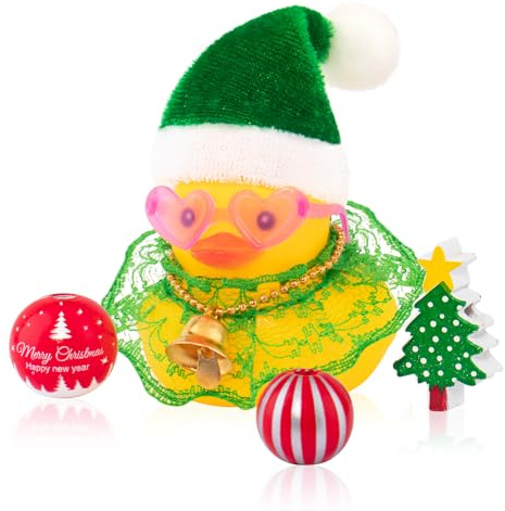 wonuu Christmas Rubber Duck Car Ornaments Car Decorations Christmas Accessories Santa Hat Skirt and Wind Bell, Golden-Lace Dress