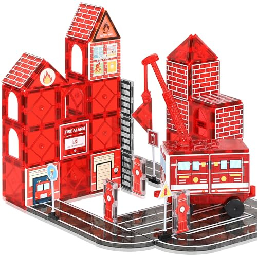 Magnetic Tiles Road Set with Fire Truck, Creative Magnetic Building Construction Toy for kids Ages 3-12 Boys Girls, STEM Magnet Building Blocks Fire Rescue Station, Including Car
