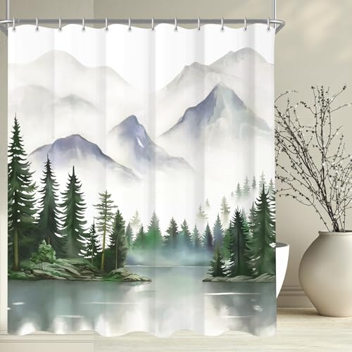Lerores Duschvorhang 180x200cm Berge, Beschwerter Saum Antischimmel Textil, Wasserabweisend, Waschbar Polyester Stoff Badevorhänge für Badezimmer, Badewanne mit 12 Duschvorhangringe