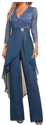 Botong - Set di pantaloni da sposa per madre della sposa, 2 pezzi, in chiffon e pizzo, con strass, a maniche 3/4, per invitata al matrimonio, Blu acciaio, 10