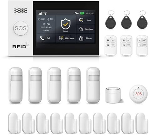 Allarme Casa Senza Fili DIY 24 Pezzi - Sistema Allarme Casa 4.3 Touch, 4G/WiFi/GSM, 10 Sensori Porta/Finestra + 5 Rilevatori Movimento, Allarme 120dB, App Tuya/Smart Life/Alexa,Garanzia 1 Anno
