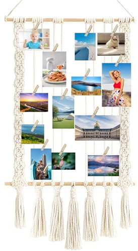 XMDROU Bilderrahmen mit Klammern und Leine, Boho Deko Fotoleine mit 30 Klammern und 2 Spurlosen Nägeln DIY Foto Pinnwand Bilderrahmen mit Schnur Holzclips Fotohalter Wand für Wohnkultur