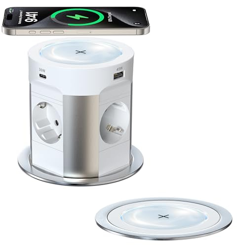 9-i-1 infällbart bordsuttag med USB C PD75W, 4-vägs inbyggt grenuttag med 15 W trådlös laddning, Sewingvr försänkt uttag för bänkskiva, kontor, kök, 1,8 m kabel, D 100 mm, vit