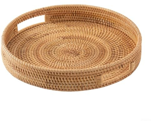Bandeja redonda tejida de ratán, gran bandeja redonda de ratán con asas, organizador de escritorio natural, cesta decorativa tejida para aperitivos, pan, bebidas, desayuno, vela (35CM)